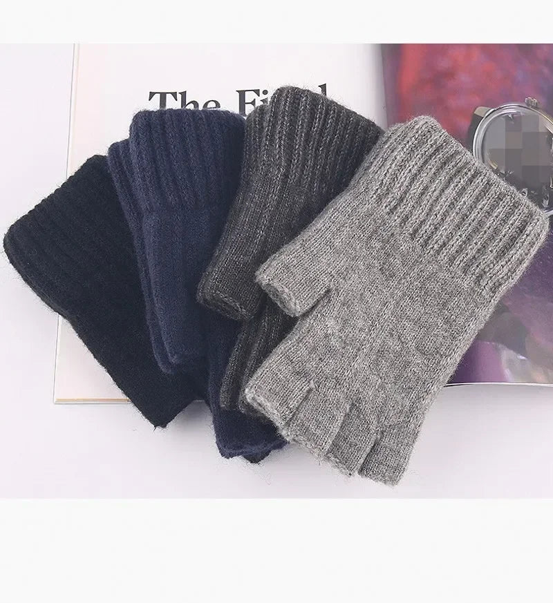 Winter Gloves For Men Half Finger Writting Office Cycling Knitted Gloves Students Alpaca Wool Warm Thick Elastic Driving Gloves