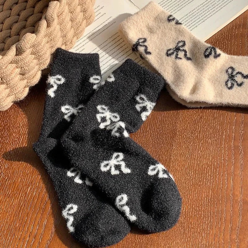 Australian Wool Socks for Women, Autumn and Winter, Fleece-Lined, Thickened, Warm, with Bow, Home Maternity Socks, Plush Floor Sleep Socks