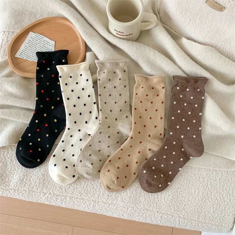 Wool Socks Women Autumn and Winter Thick Warm Middle-tube Socks Polka Dot Japanese Kawaii Cute Thermal Long Socks Christmas Gift