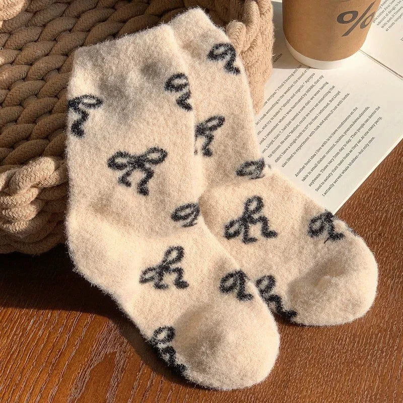Australian Wool Socks for Women, Autumn and Winter, Fleece-Lined, Thickened, Warm, with Bow, Home Maternity Socks, Plush Floor Sleep Socks