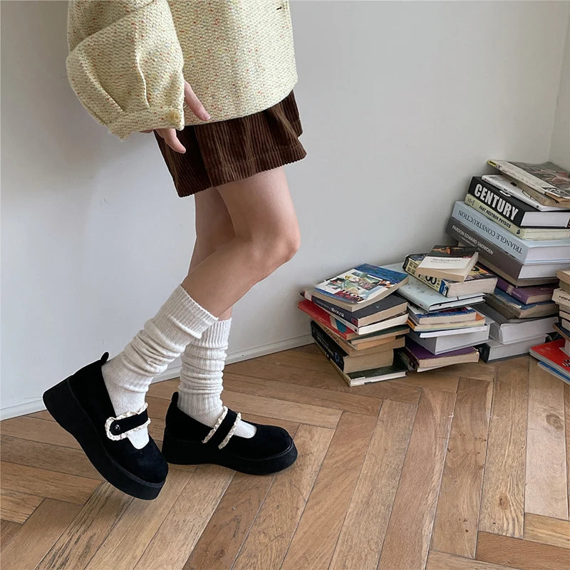 Calf Socks Autumn/Winter Thickened Coffee Colored Stacked Socks Japanese Knee Length Socks Double Needle Socks For Women