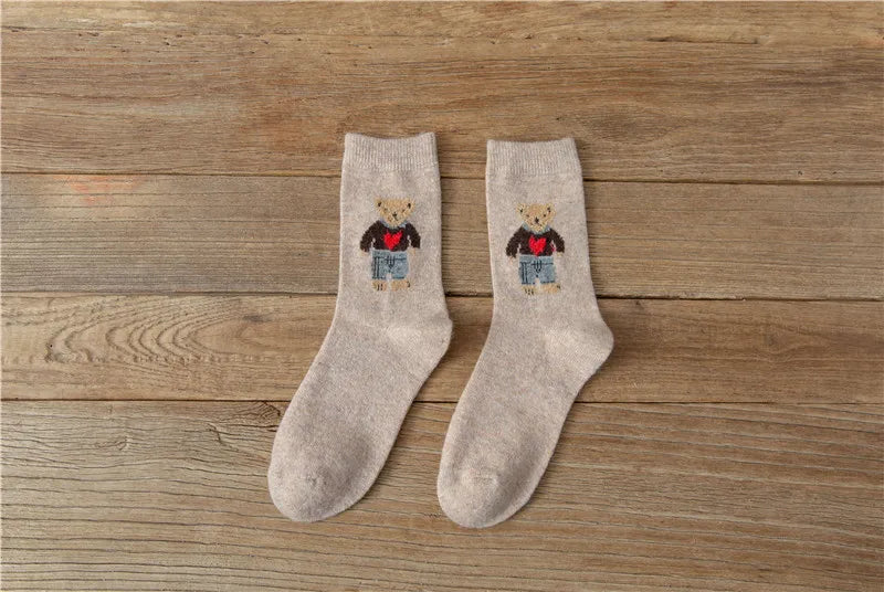 Thick and Warm Wool Socks for Autumn and Winter, Trendy Cartoon-style Retro Mid-calf Socks, Comfortable Short Socks