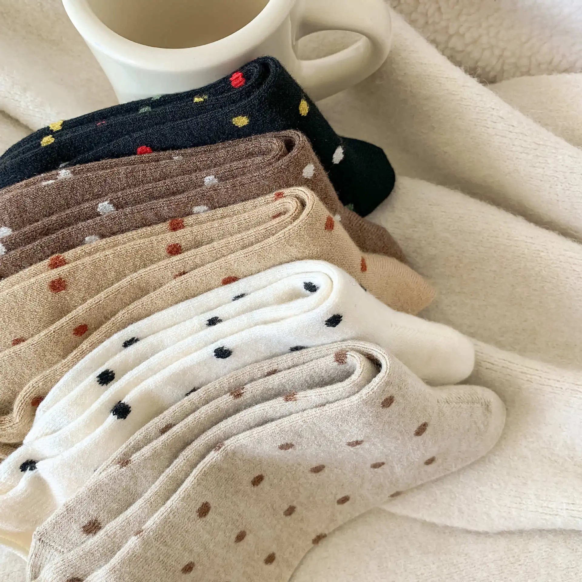 Wool Socks Women Autumn and Winter Thick Warm Middle-tube Socks Polka Dot Japanese Kawaii Cute Thermal Long Socks Christmas Gift