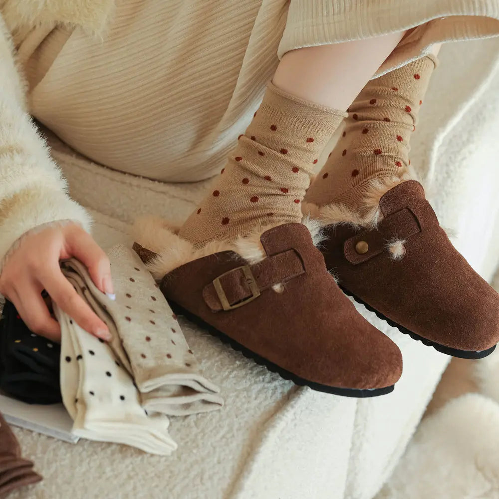 Wool Socks Women Autumn and Winter Thick Warm Middle-tube Socks Polka Dot Japanese Kawaii Cute Thermal Long Socks Christmas Gift