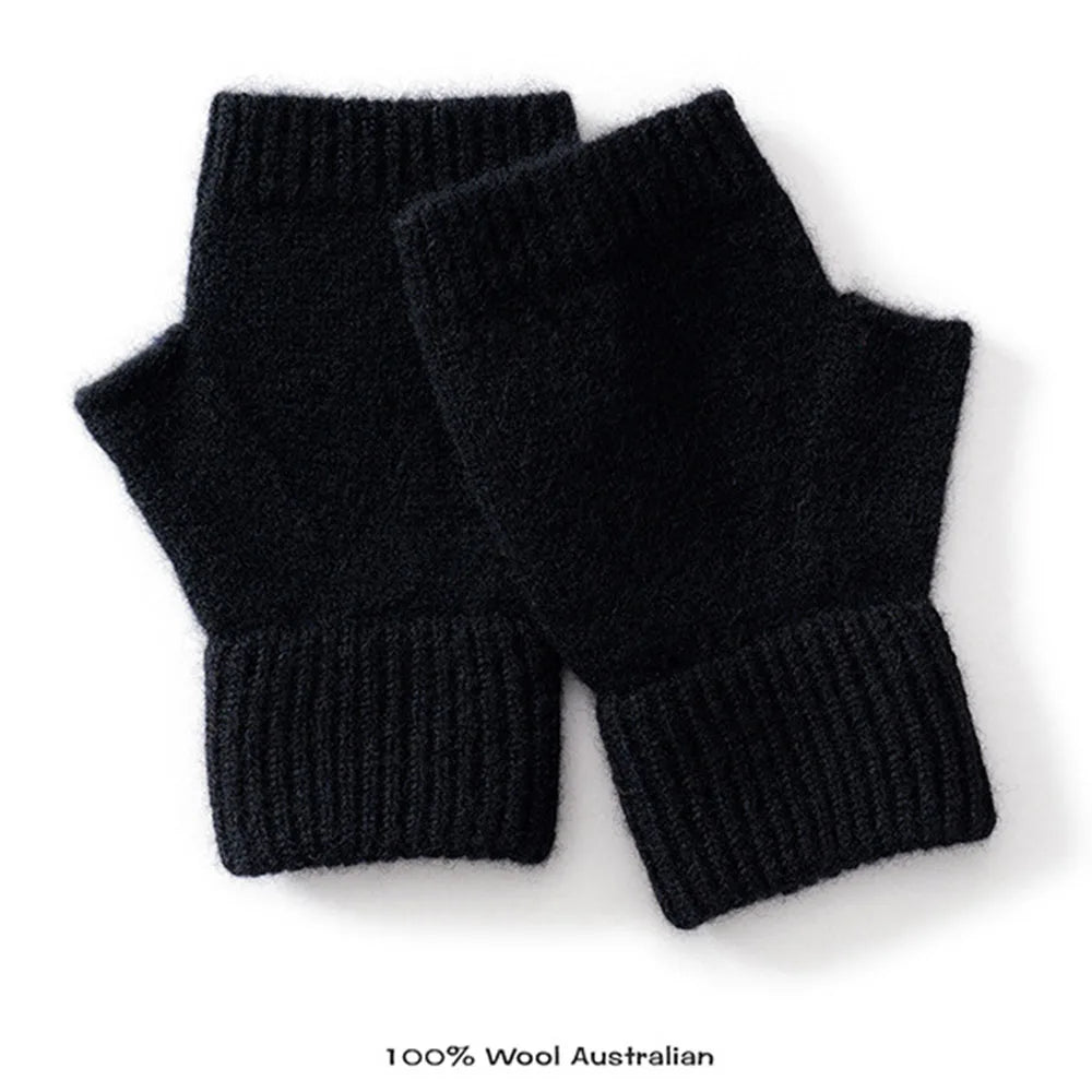 Gloves 100% Wool Knitted Women Winter Thermal Soft Mittens 15cm Knitted Fingerless Gloves Solid Color Black Semi Finger Mittens