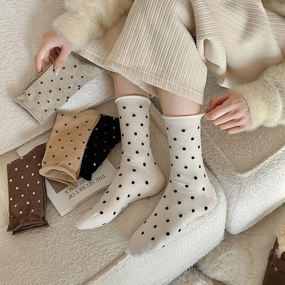 Wool Socks Women Autumn and Winter Thick Warm Middle-tube Socks Polka Dot Japanese Kawaii Cute Thermal Long Socks Christmas Gift