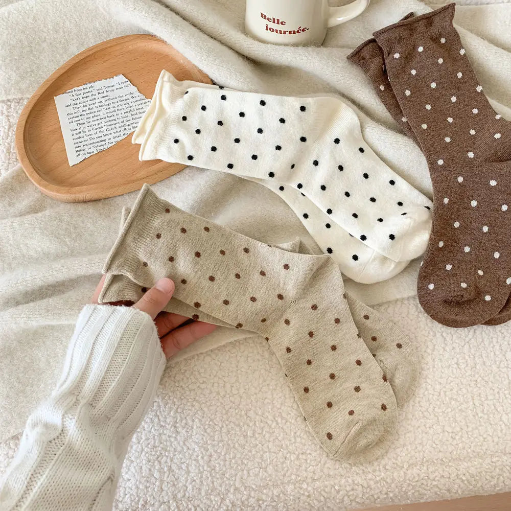 Wool Socks Women Autumn and Winter Thick Warm Middle-tube Socks Polka Dot Japanese Kawaii Cute Thermal Long Socks Christmas Gift