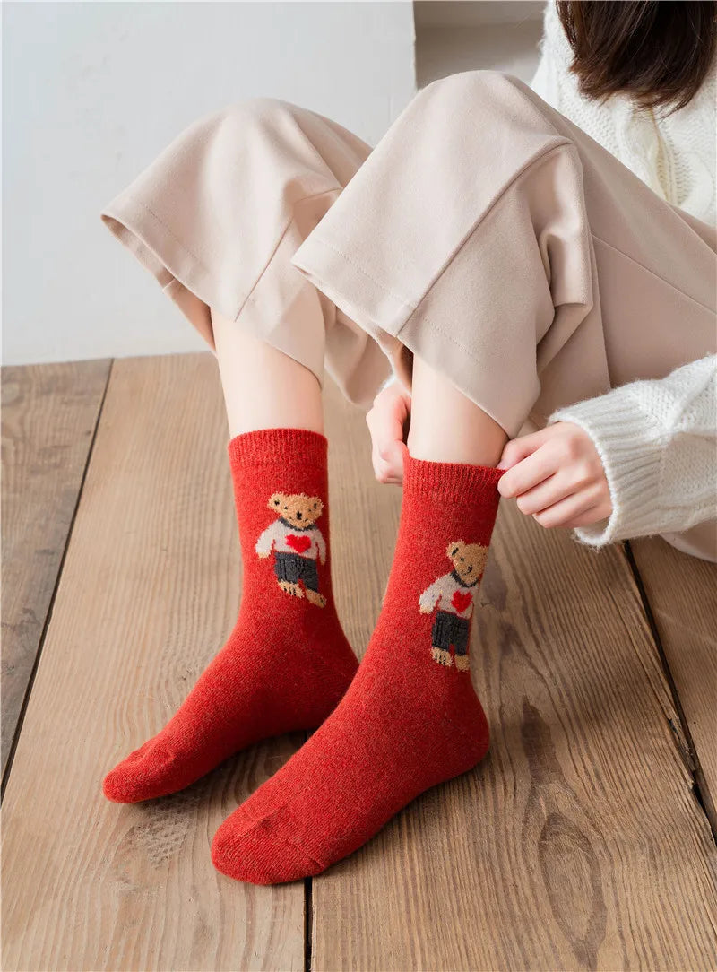 Thick and Warm Wool Socks for Autumn and Winter, Trendy Cartoon-style Retro Mid-calf Socks, Comfortable Short Socks