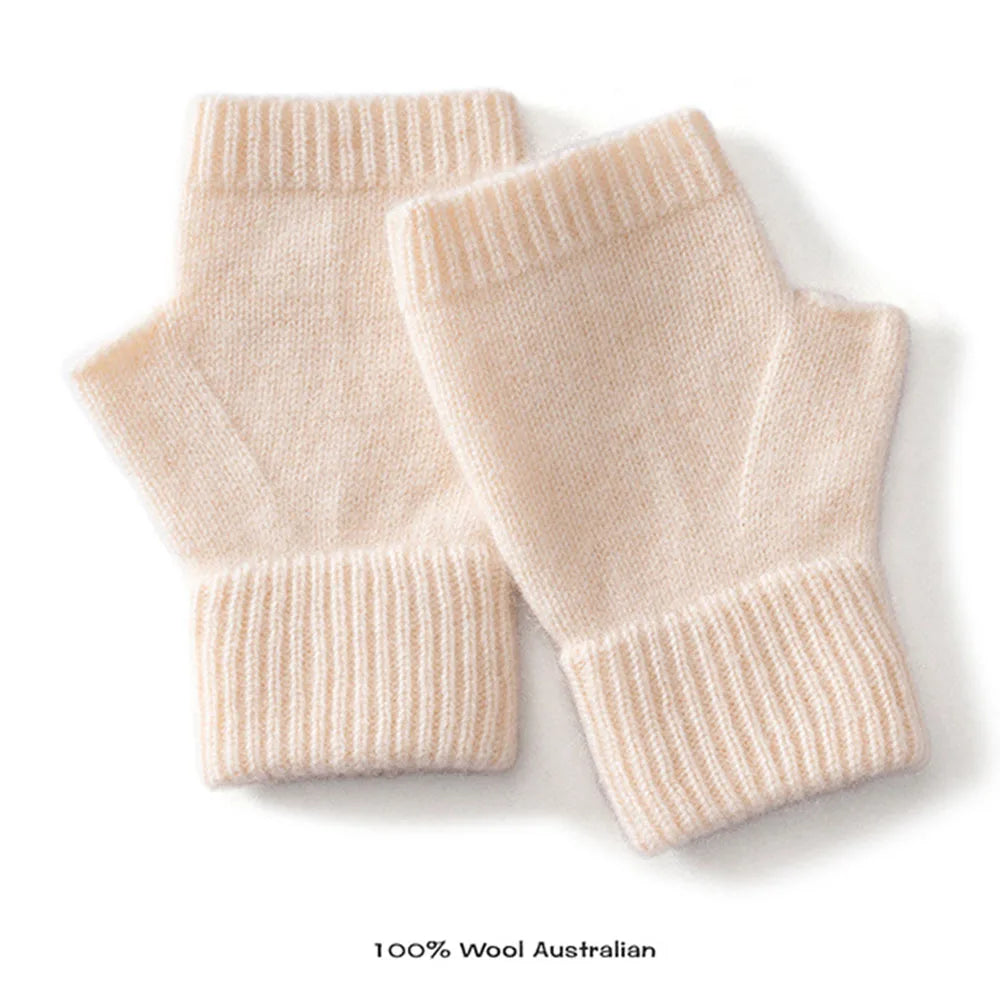 Gloves 100% Wool Knitted Women Winter Thermal Soft Mittens 15cm Knitted Fingerless Gloves Solid Color Black Semi Finger Mittens