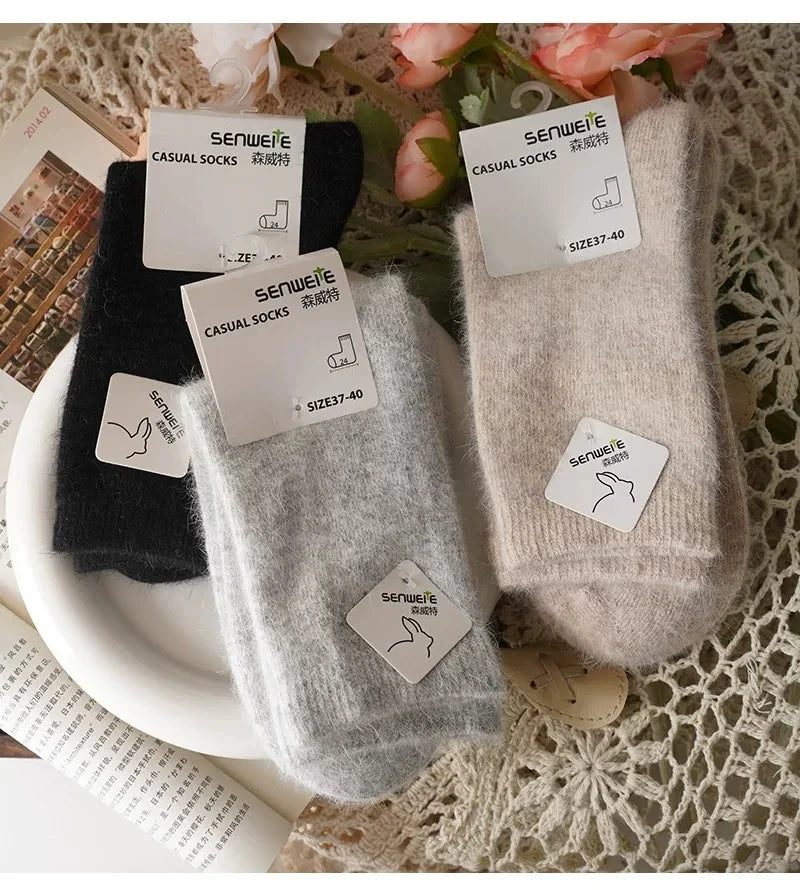 Wool Socks for Women Autumn Winter Medium Tube Socks Thickened with Wool Warm Rabbit Hair Socks Winter Black Cashmere Stockings