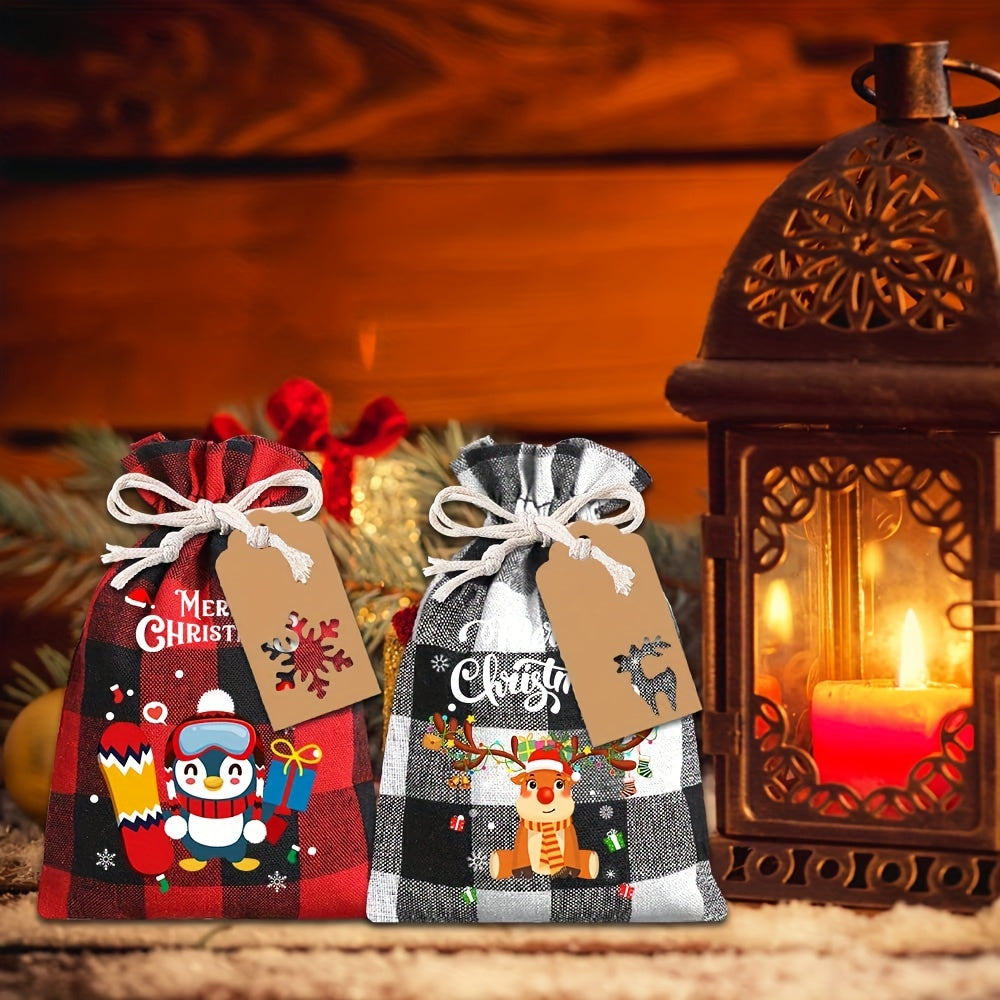12/18pcs, 12/18-Piece Christmas Burlap Gift Bags with Plaid Drawstring, Christmas Treat Bags for Xmas Favors, Decorations, Party Supplies