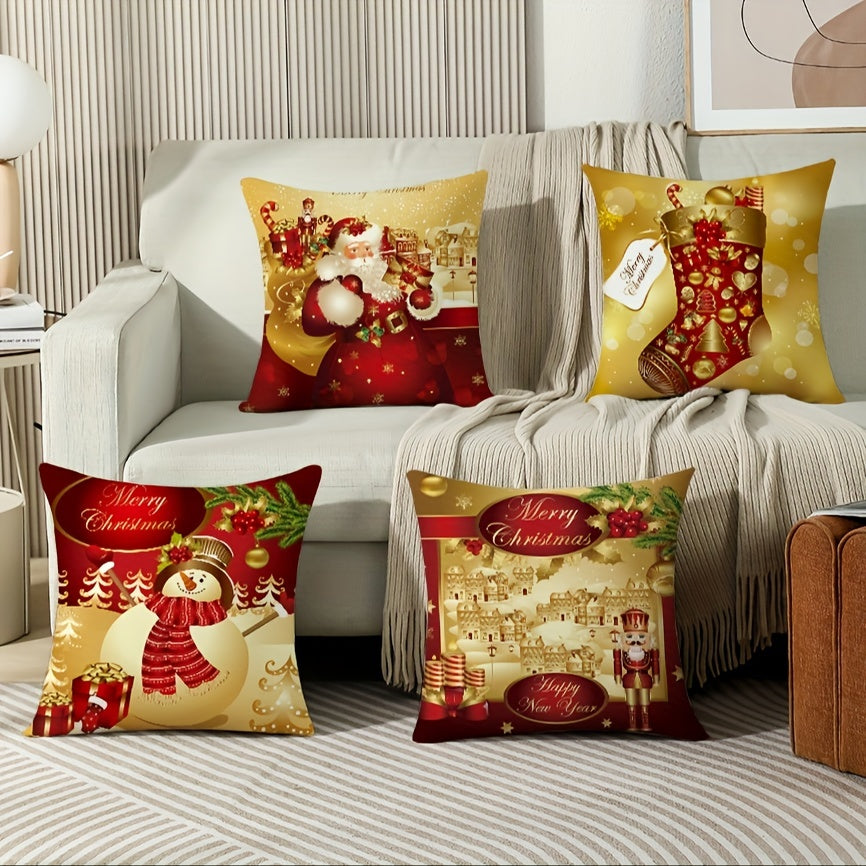 4pcs Double-Sided Print Christmas Pillow Covers, 18*18Inch Merry Christmas Nutcracker Pillow Cases, Christmas Velvet Golden Red Xmas Holiday Pillow Covers Set Of 4, For Couch Sofa Living Room Outdoor Christmas Home Decoration
