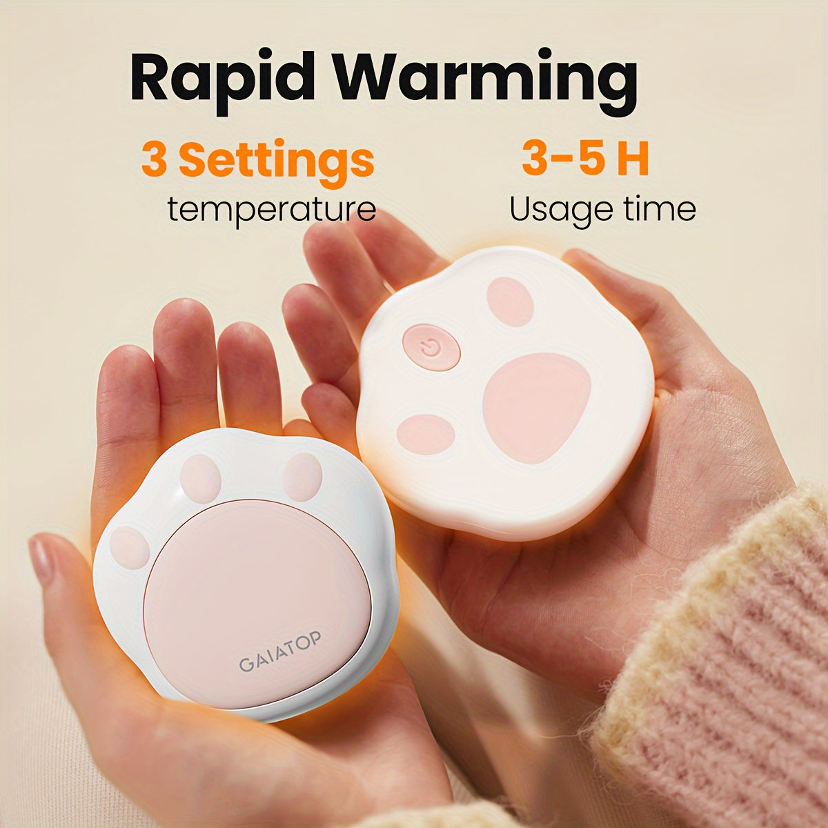 GAIATOP 2pcs Cute Cat Paw Hand Warmers - Portable, Rechargeable USB-C, Magnetic, Perfect for Boys & Girls in Cold Weather - Pink