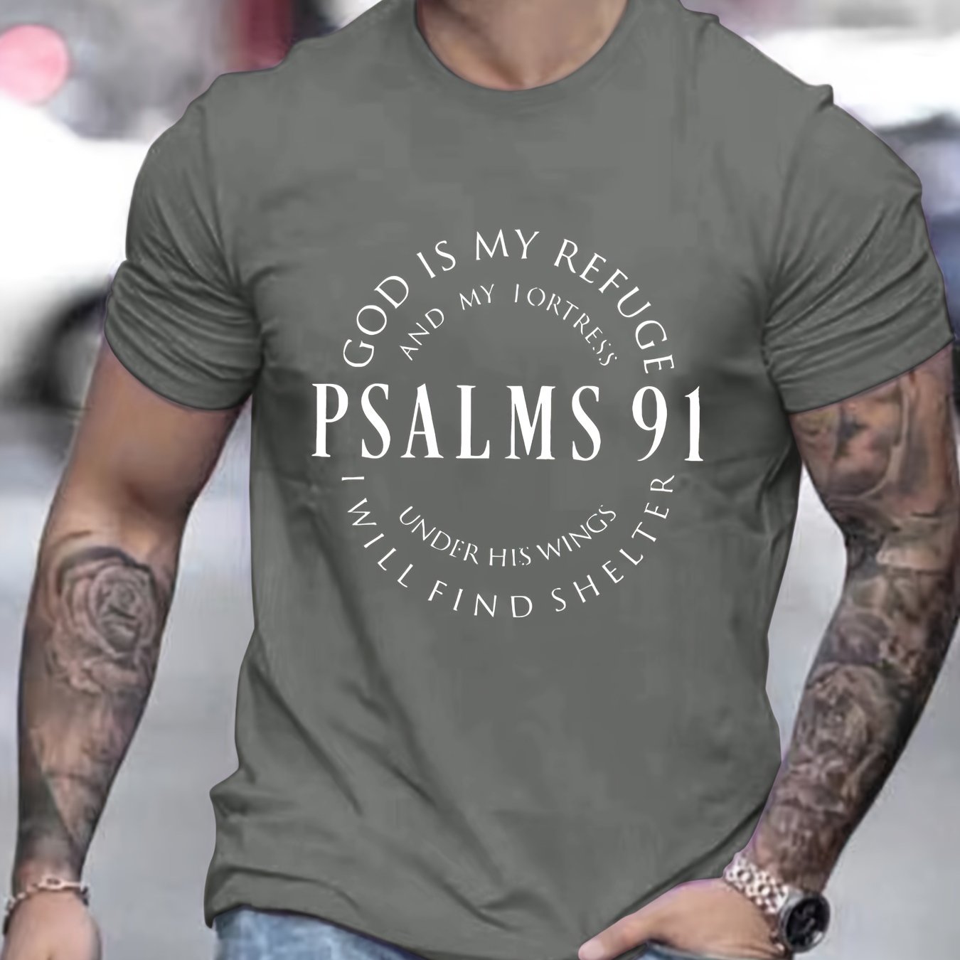 Men's Graphic Tee with PSALMS 91 & Ring Pattern Print - Trendy Summer Clothes for Men