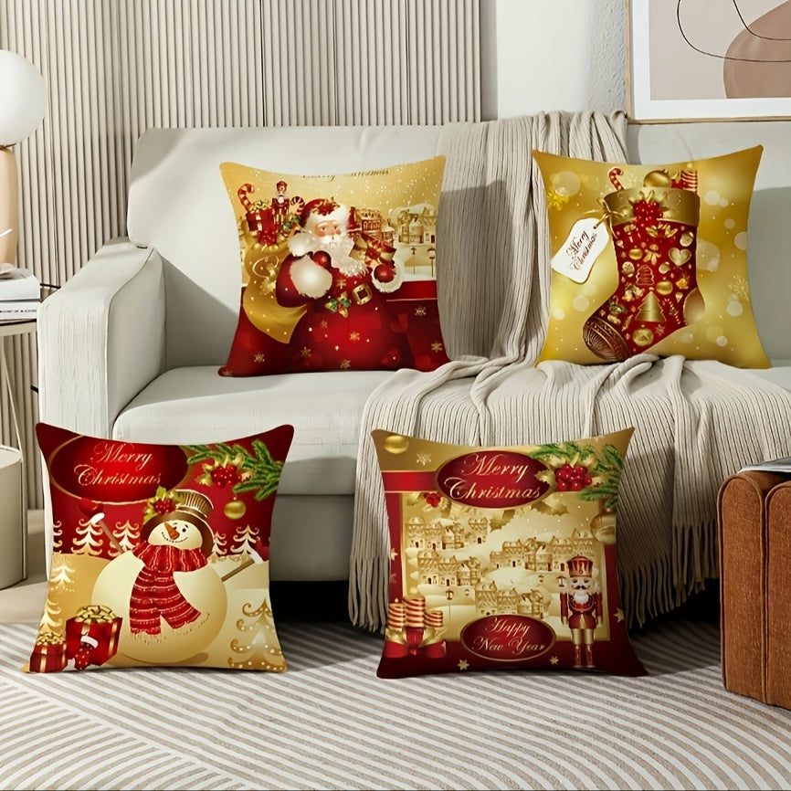 4pcs Double-Sided Print Christmas Pillow Covers, 18*18Inch Merry Christmas Nutcracker Pillow Cases, Christmas Velvet Golden Red Xmas Holiday Pillow Covers Set Of 4, For Couch Sofa Living Room Outdoor Christmas Home Decoration