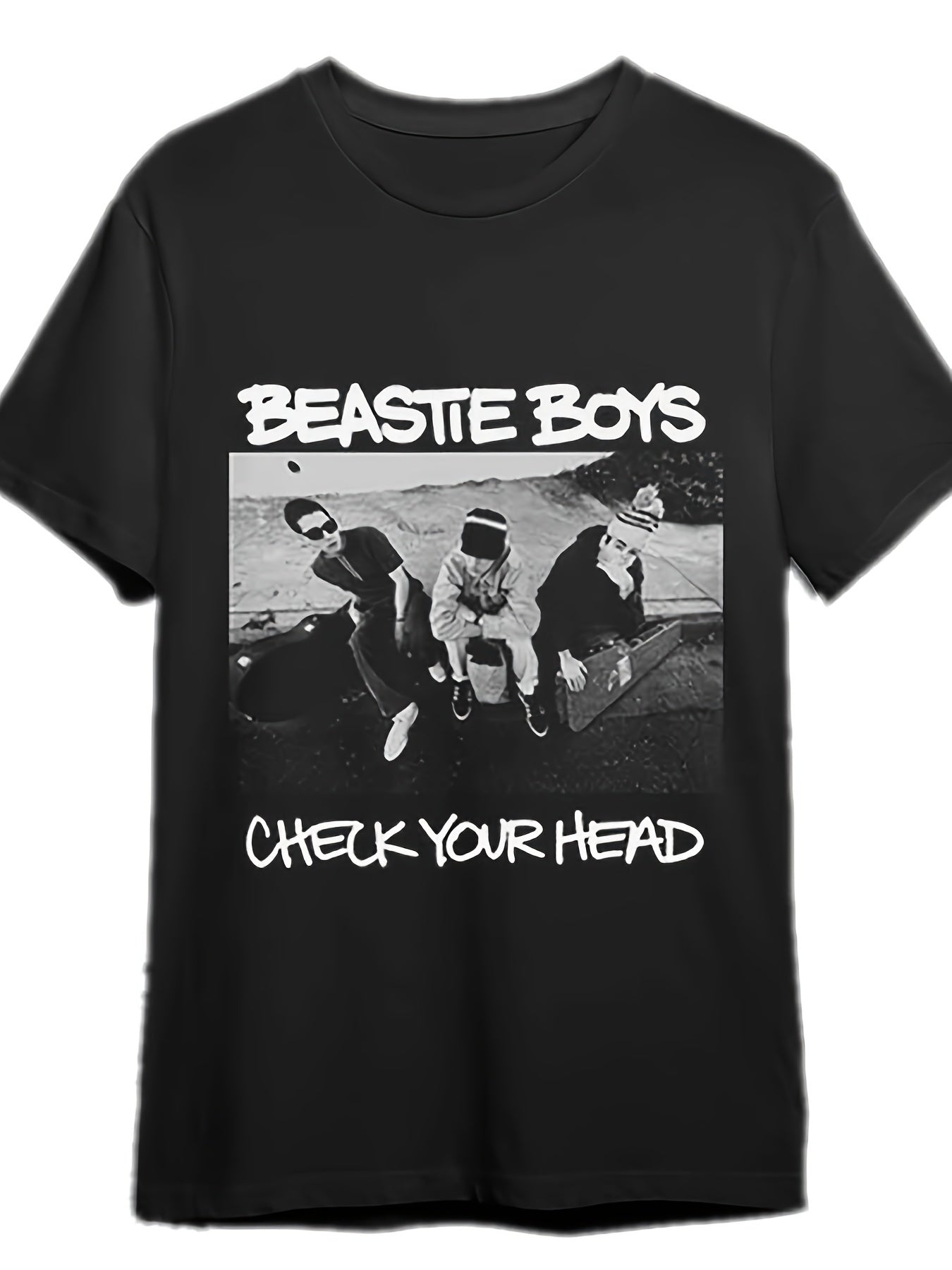 1pc Beastie Boys "Check Your Head" Graphic Tee - 100% Cotton, Breathable Knit Crew Neck, Casual Short Sleeve T-Shirt for Men, All Seasons - Black