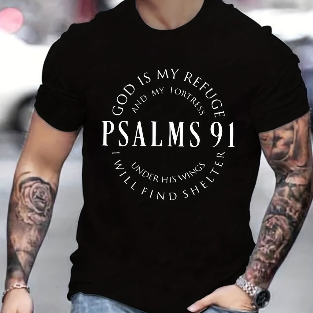 Men's Graphic Tee with PSALMS 91 & Ring Pattern Print - Trendy Summer Clothes for Men