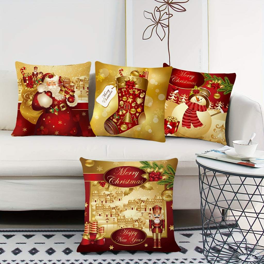 4pcs Double-Sided Print Christmas Pillow Covers, 18*18Inch Merry Christmas Nutcracker Pillow Cases, Christmas Velvet Golden Red Xmas Holiday Pillow Covers Set Of 4, For Couch Sofa Living Room Outdoor Christmas Home Decoration