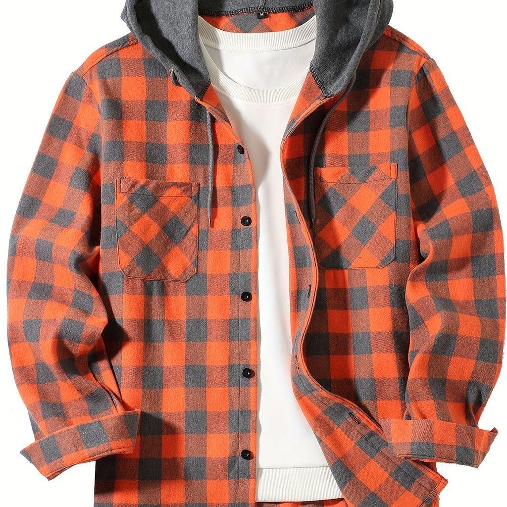 Stylish Casual Men's Classical Plaid Design Hooded Long Sleeve Shirts Top For Outdoor Spring And Fall