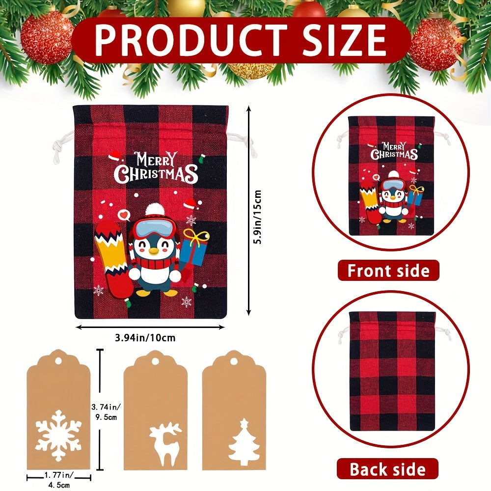 12/18pcs, 12/18-Piece Christmas Burlap Gift Bags with Plaid Drawstring, Christmas Treat Bags for Xmas Favors, Decorations, Party Supplies
