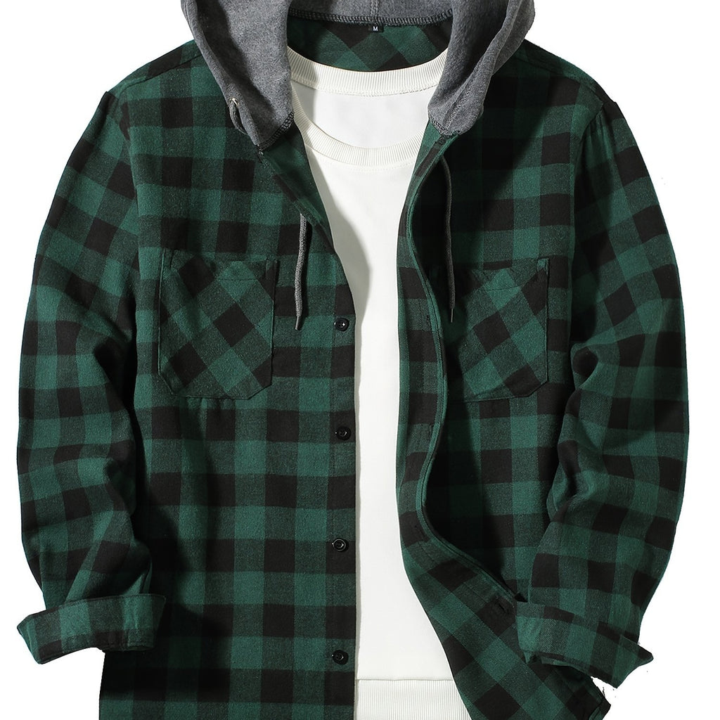 Stylish Casual Men's Classical Plaid Design Hooded Long Sleeve Shirts Top For Outdoor Spring And Fall