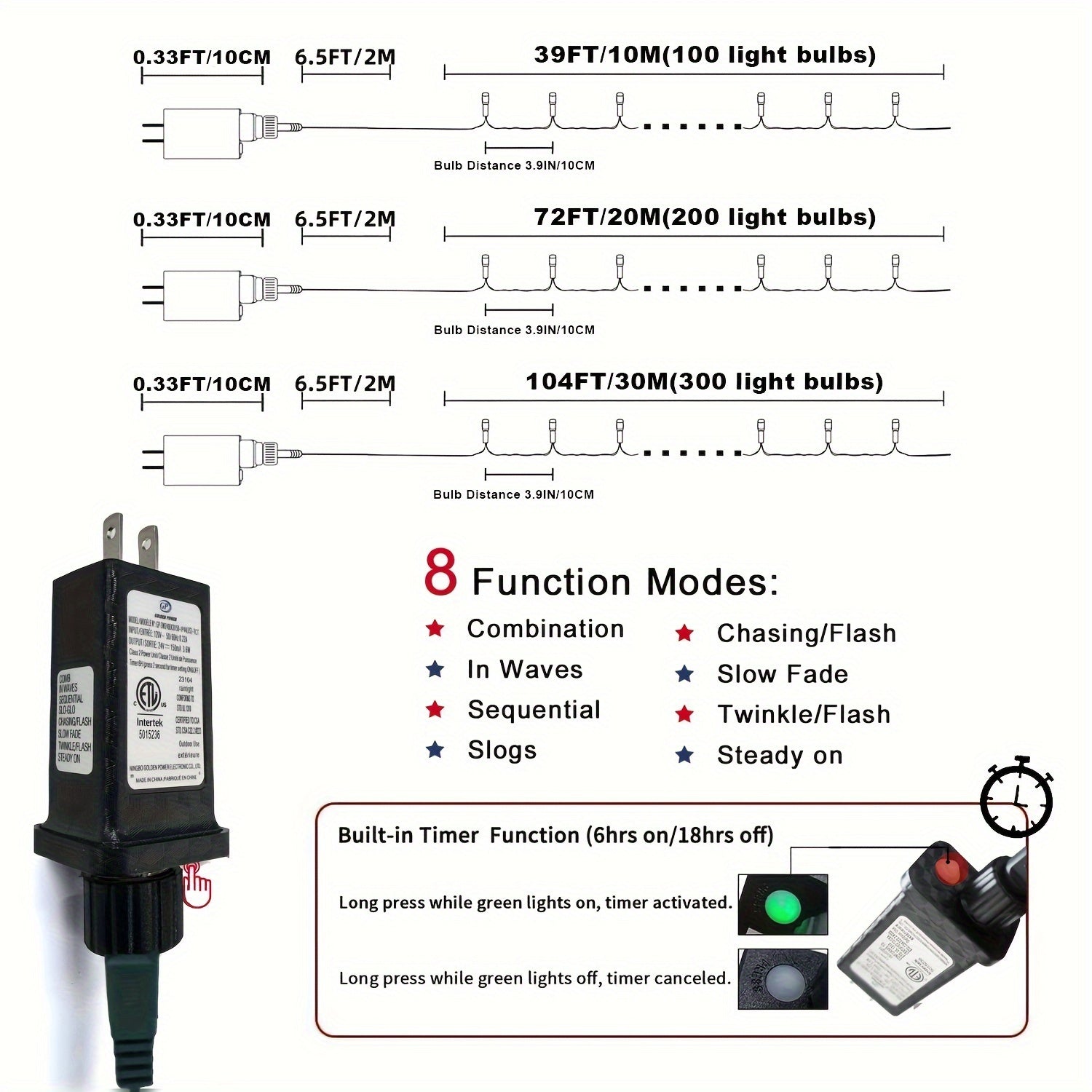 Ledoor Plug In LED Christmas String Lights, 39/72/104FT Fairy Twinkle String Lights, 8 Modes Waterproof Indoor/Outdoor Decorative Lights, For Halloween Christmas Tree Patio Yard Party Bedroom Decorations, Contains Memory And