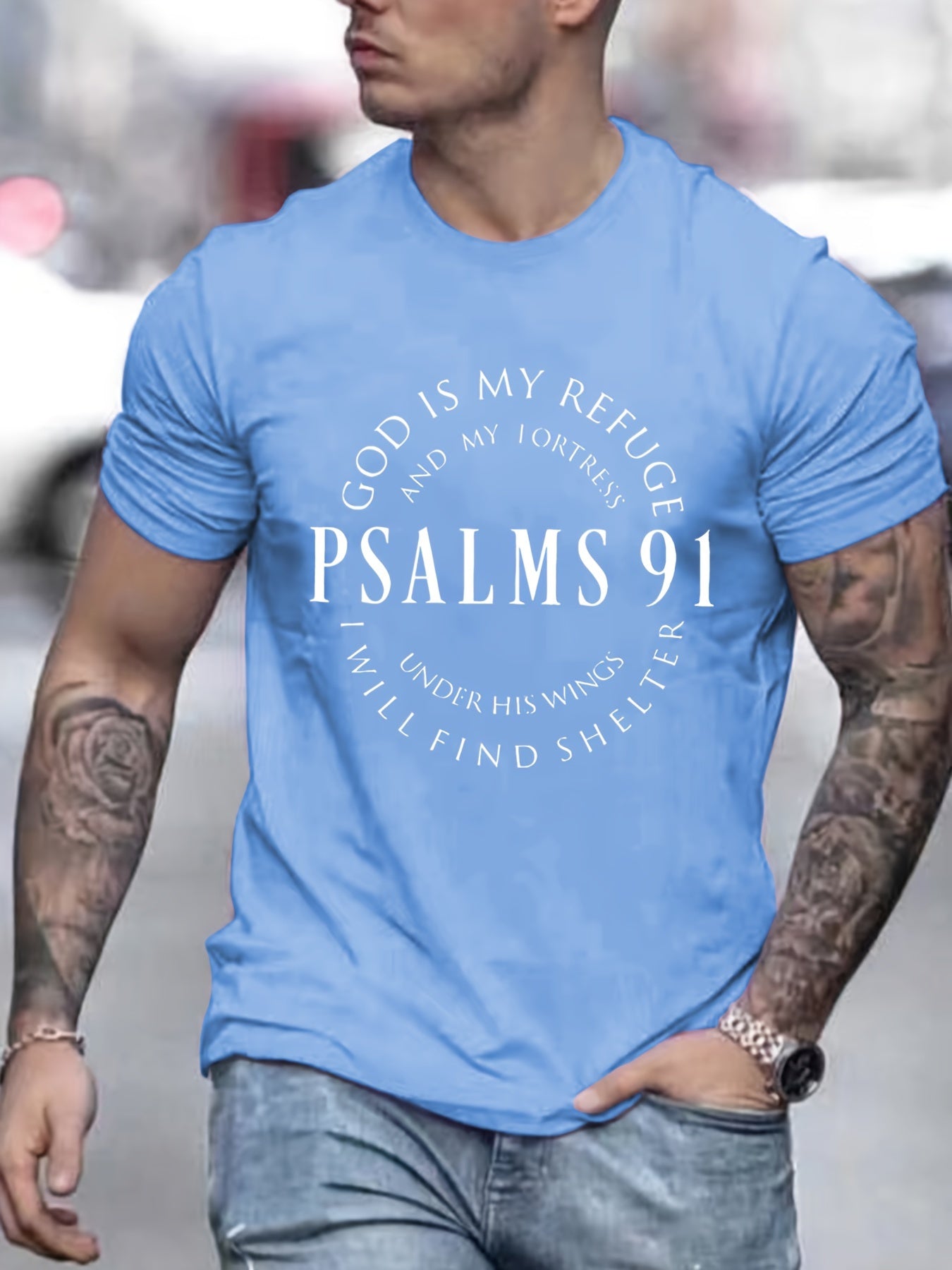 Men's Graphic Tee with PSALMS 91 & Ring Pattern Print - Trendy Summer Clothes for Men