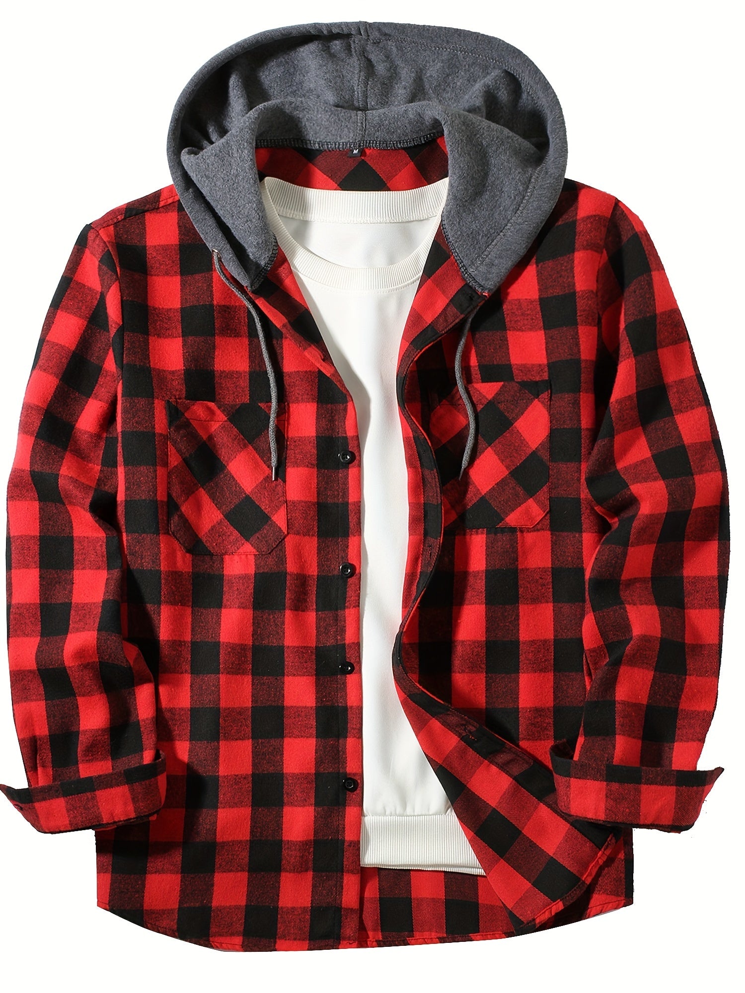 Stylish Casual Men's Classical Plaid Design Hooded Long Sleeve Shirts Top For Outdoor Spring And Fall