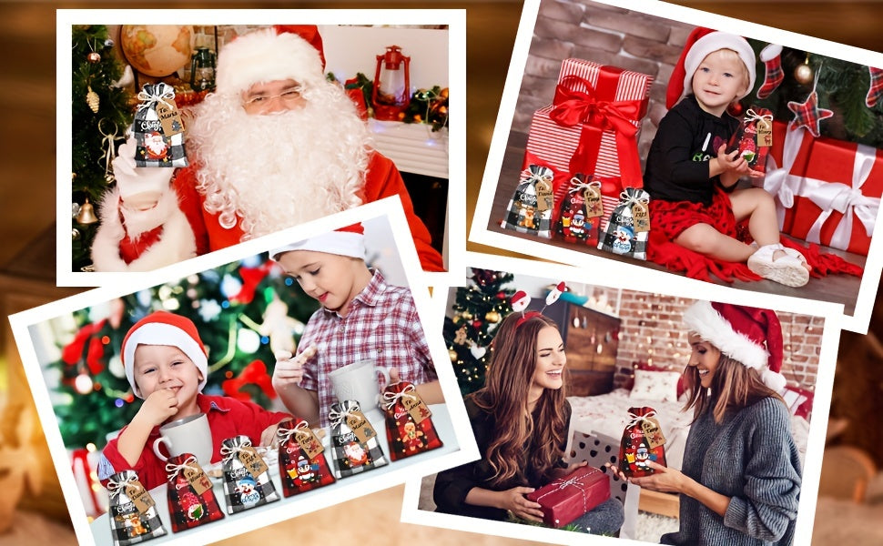 12/18pcs, 12/18-Piece Christmas Burlap Gift Bags with Plaid Drawstring, Christmas Treat Bags for Xmas Favors, Decorations, Party Supplies